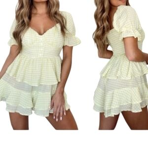 MABLE Lime Green Yellow Checkered Ruffled Romper Size Small